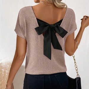 Women’s Ribbed Knit Top with Black Back Bow - Blush Pink